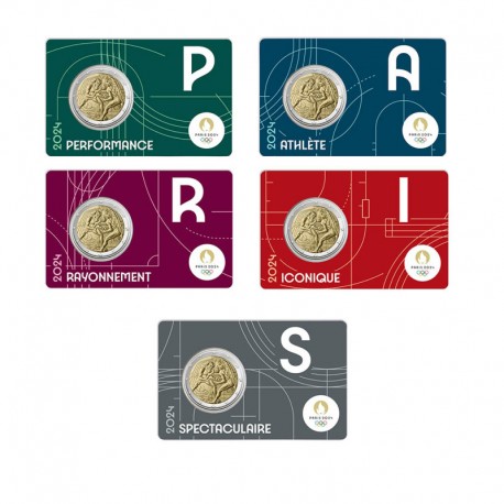 PARIS 2024 JO – Série complète 5 Coincards 2€ commémorative BU "Hercule pratiquant la lutte"