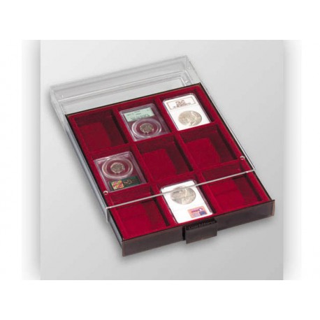 Médaillier 9 compartiments carrés pour capsules numismatiques (Slabs)